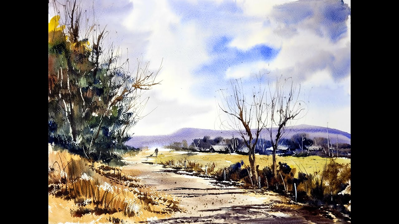 Going Home Loose watercolor landscape painting with a hake brush the Ron Ranson way ~Demo by Wardah