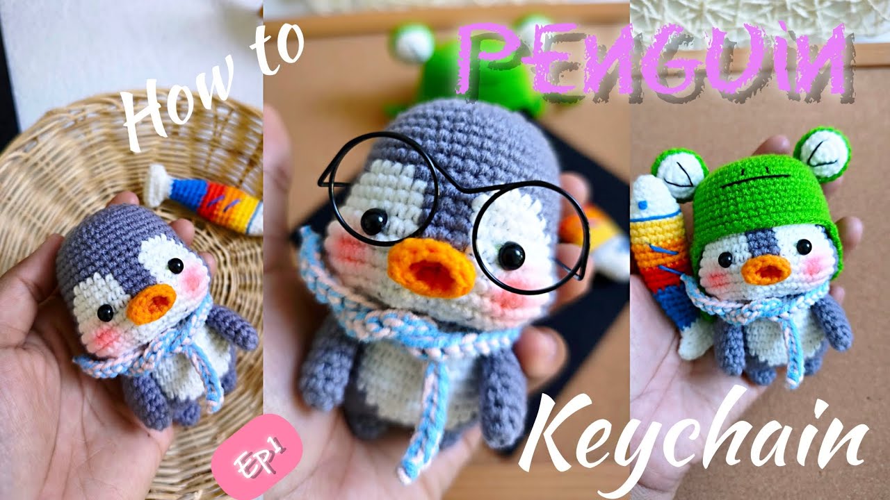 How to Crochet Penguin with frog hat and fish | Amigurumi keychain 