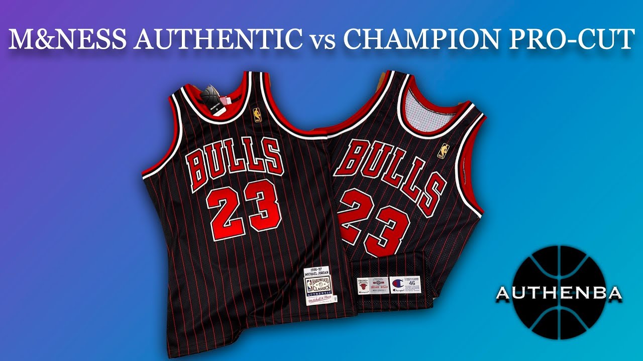 Michael Jordan Bulls 96/97 Pro-Cut Champion vs Mitchell & Ness Authentic pinstripe jersey comparison
