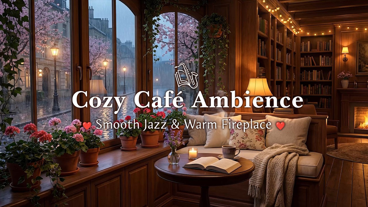 Cozy Bookstore Café Ambience ☕ Rainy Spring Day & Smooth Jazz & Warm Fireplace for Reading, Calm