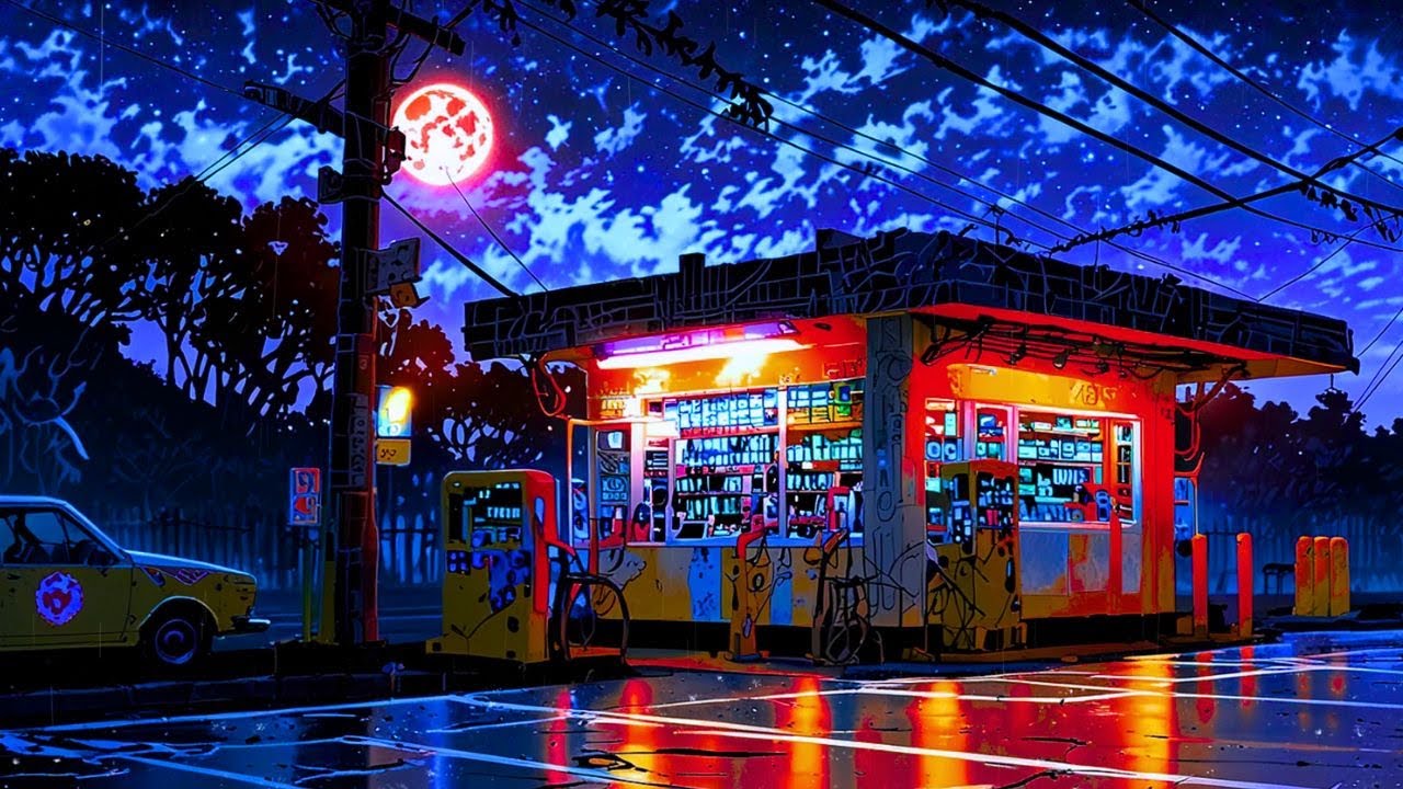 A Silent Gas Station Beneath the Red Moon | Japan Lofi Mood