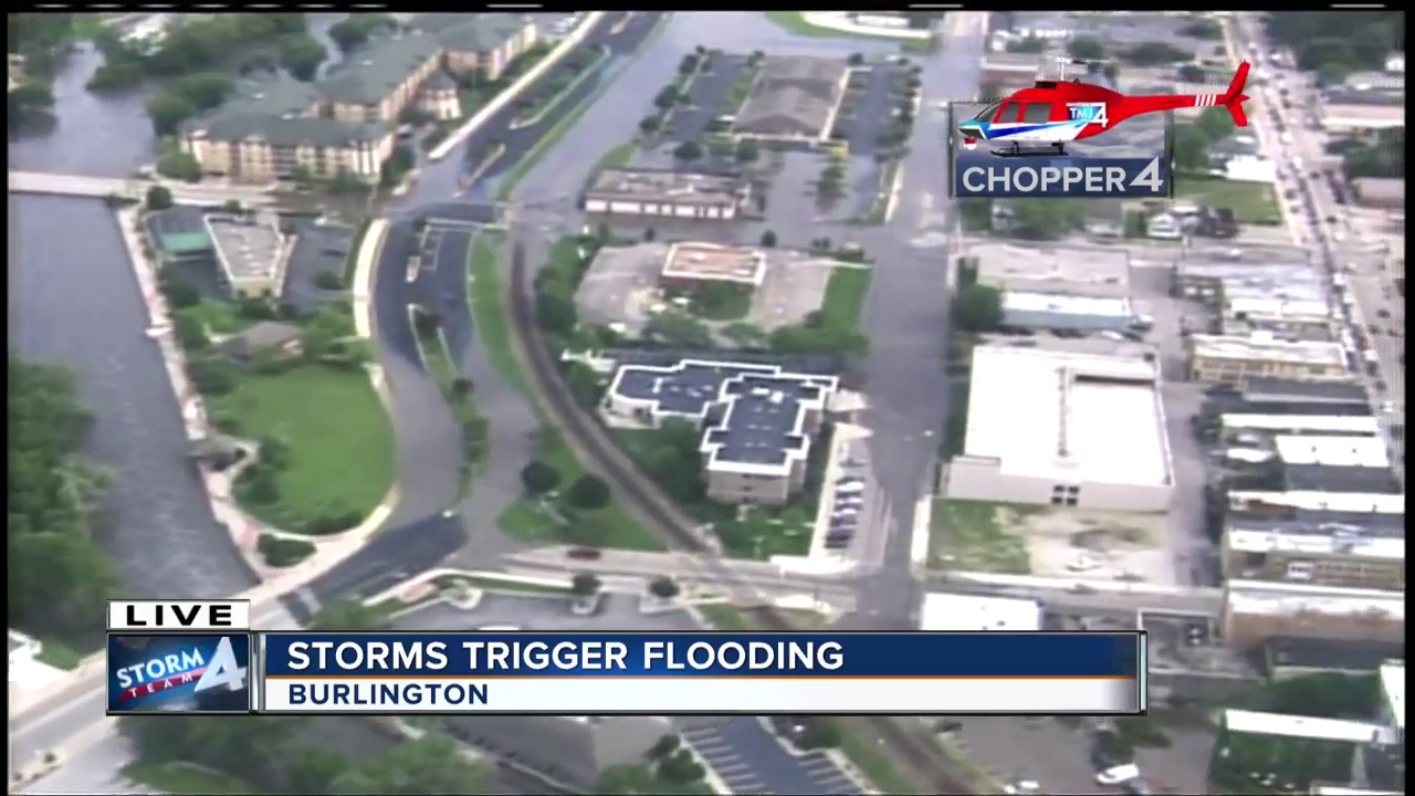 Aerial view of Burlington, Wisconsin flooding