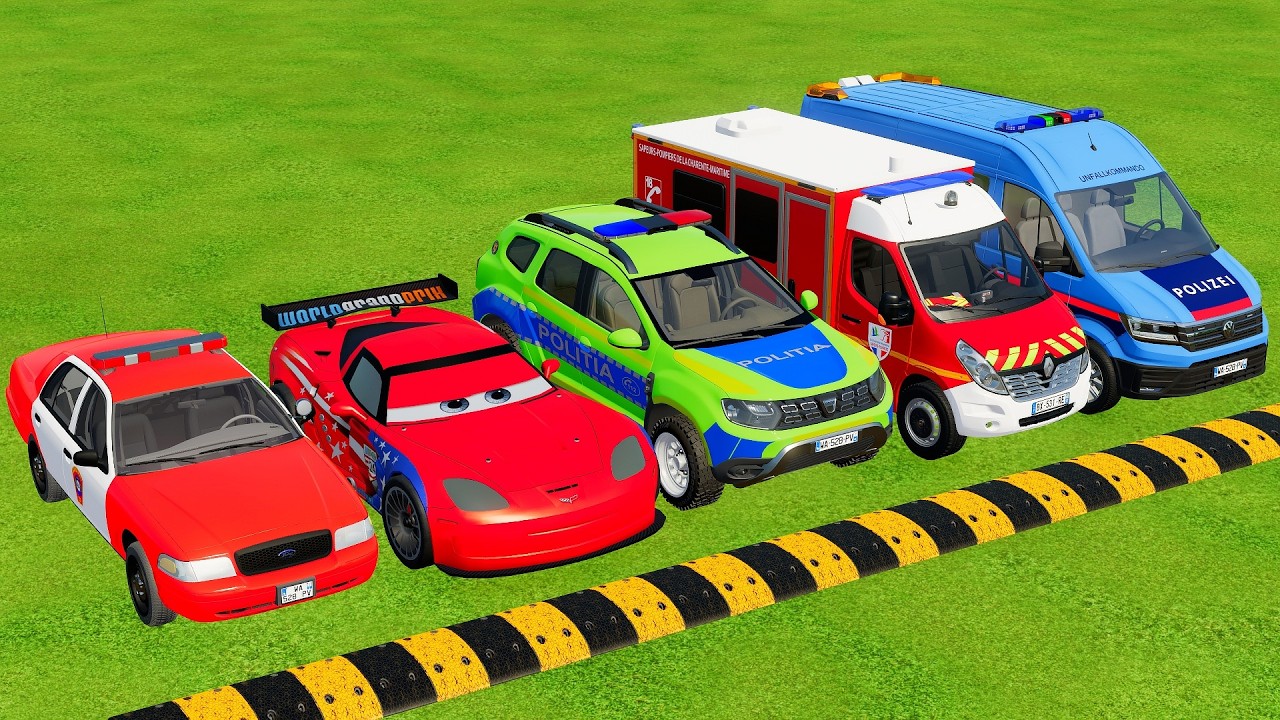 DACIA, MCQUEEN CAR, FORD POLICE CARS, AMBULANCE EMERGENCY TRANSPORTING WITH TRUCKS ! FS22 0202 #4