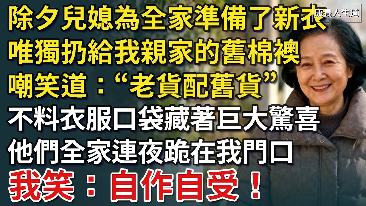 除夕兒媳為全家準備了新衣，唯獨扔給我親家的舊衣，嘲笑道：“老貨配舊貨”，不料我在衣服口袋發現巨大“驚喜”，隔天他們跪求我歸還，我笑：自作自受！【康養人生道】 #康養人生道 #上了年紀該明白的事