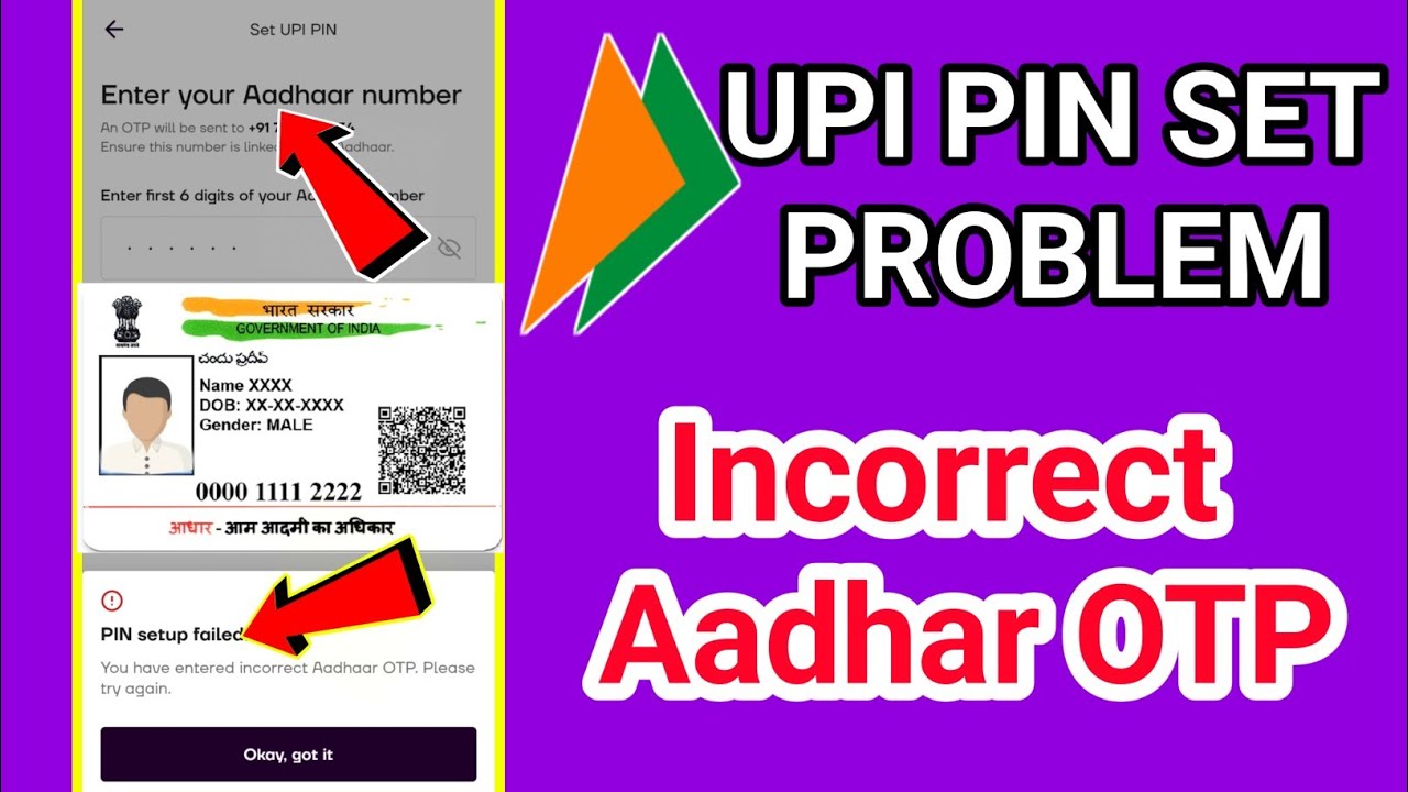 Pin setup failed Problem || incorrect Aadhar OTP || how to fix upi pin setup failed problem