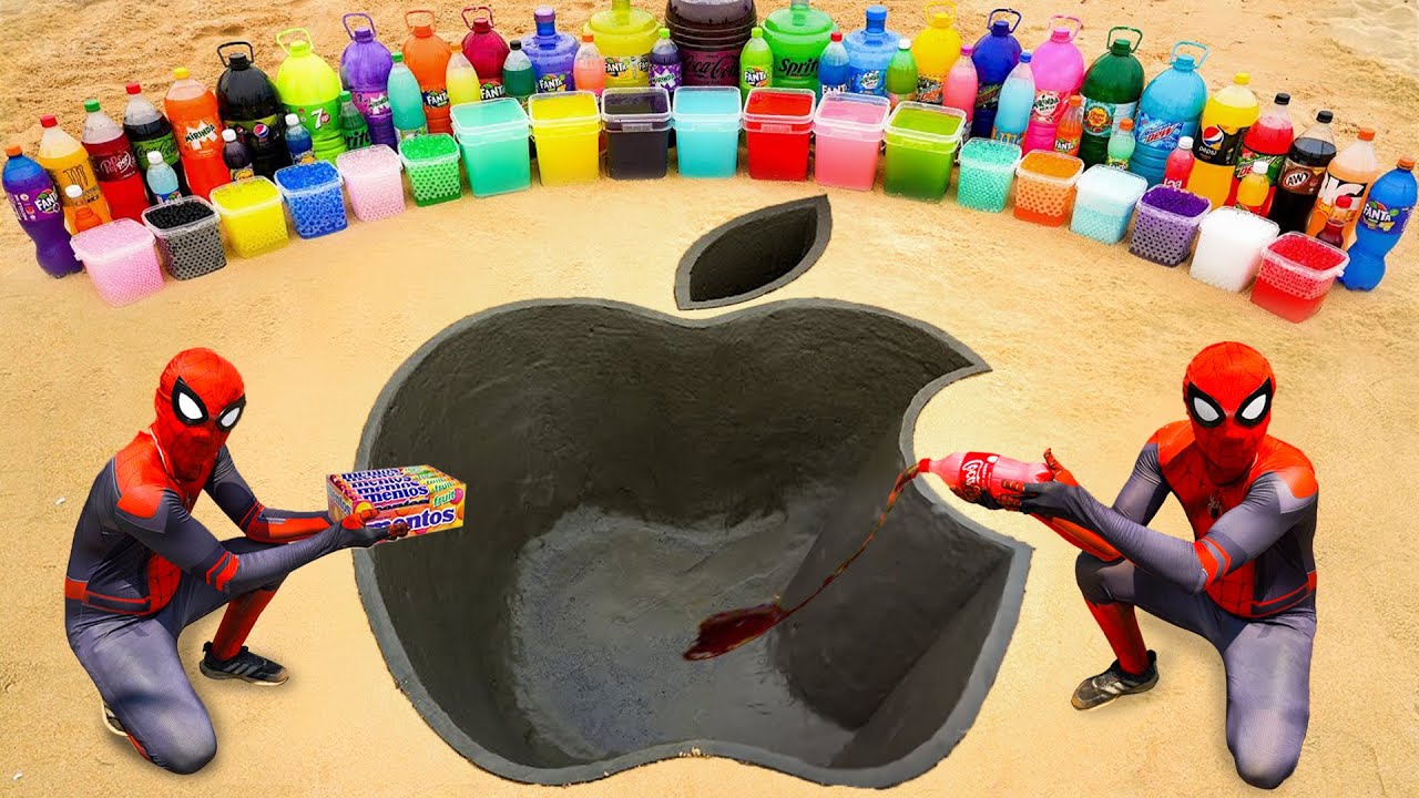 Spiderman & Big Toothpaste Eruption from Apple pit, Giant Pepsi, Mirinda, Fanta, Coca Cola vs Mentos