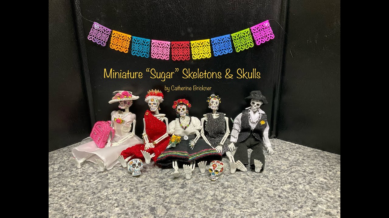 Miniature DIY Faux “Sugar” Skeletons & Skulls using craft purchases, paint & trimmings for display