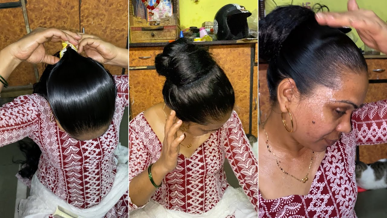 Oiled Wetlook face | Heavily oiled hair lice combing Ponytail Bun & Clip hair in heavily oiled hair