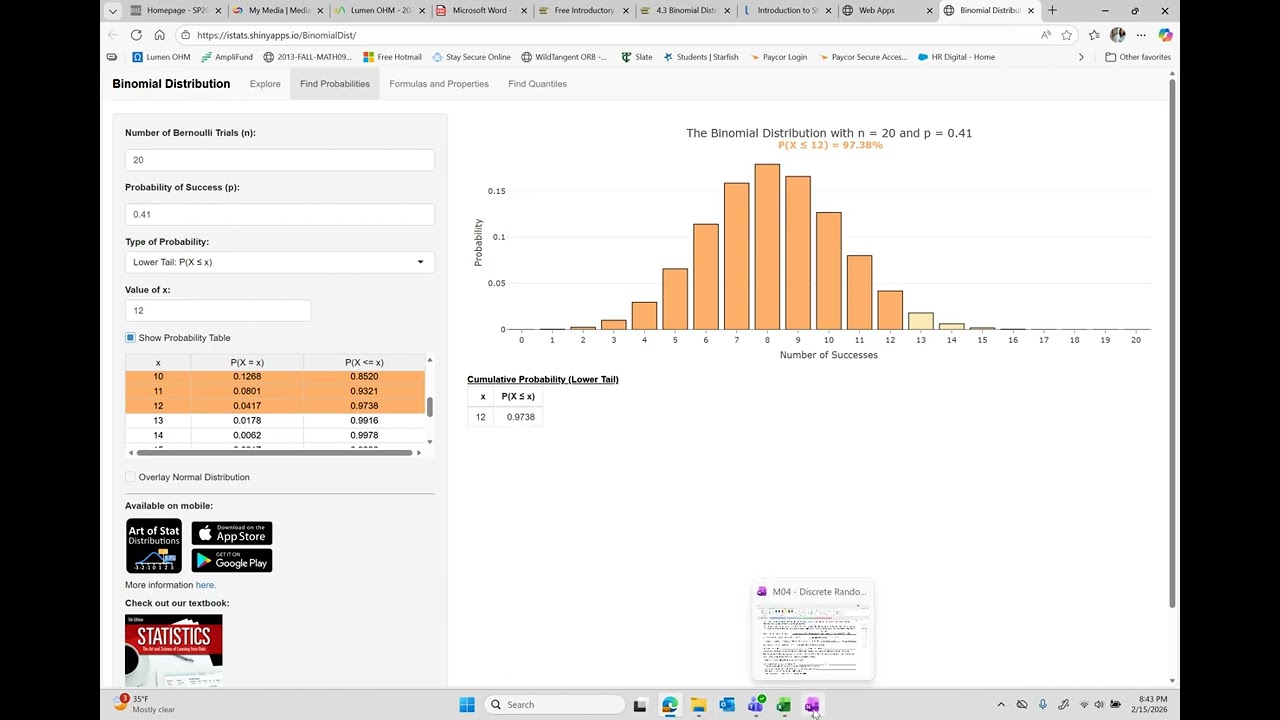 Statistics OER - Section 4-3-b  Binomial Distribution with Technology