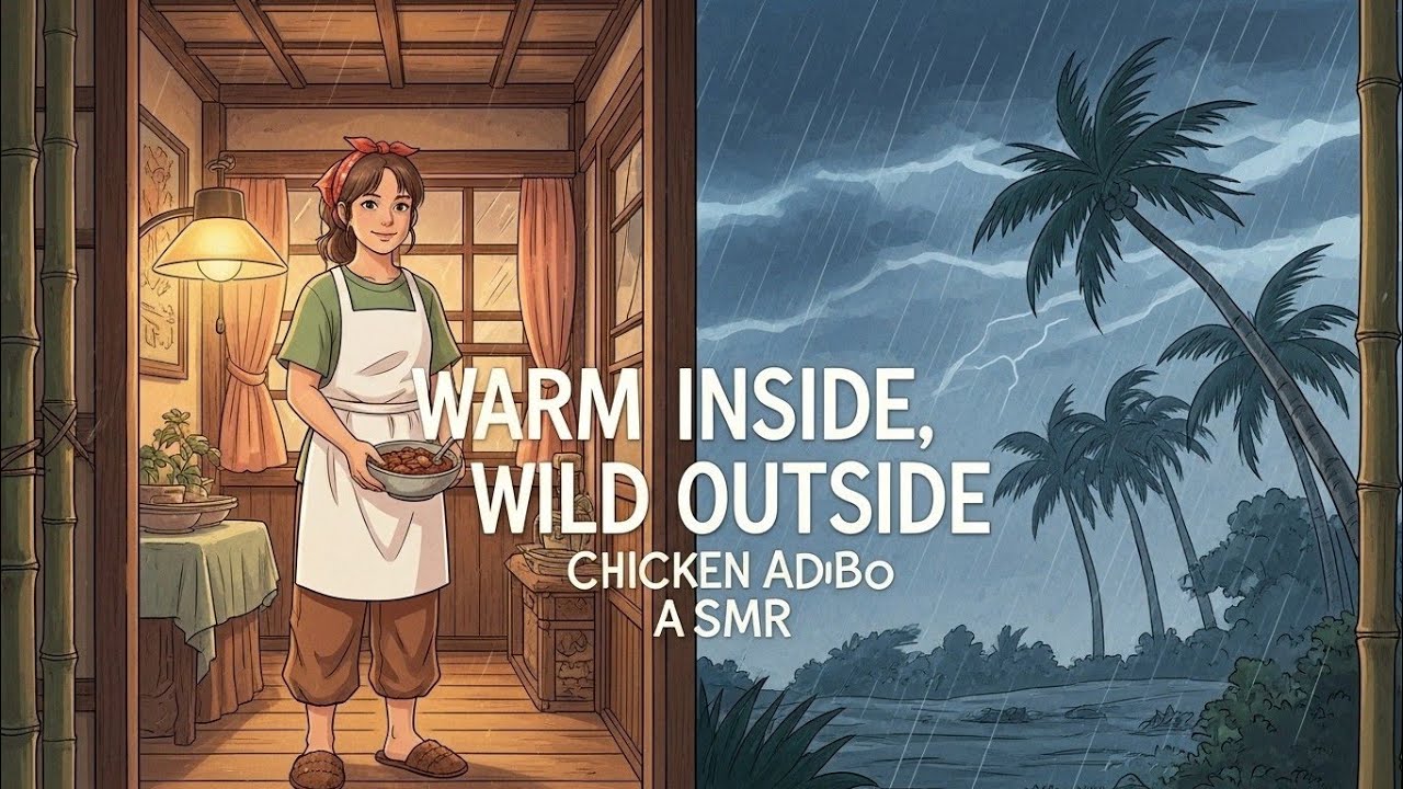 Stormy Night Outside, Cozy Kitchen Inside | Bamboo Hut Chicken Adobo ASMR | Ghibli Style