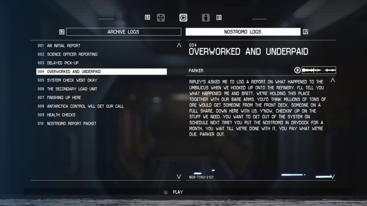 Alien: Isolation - Nostromo Archive Logs.