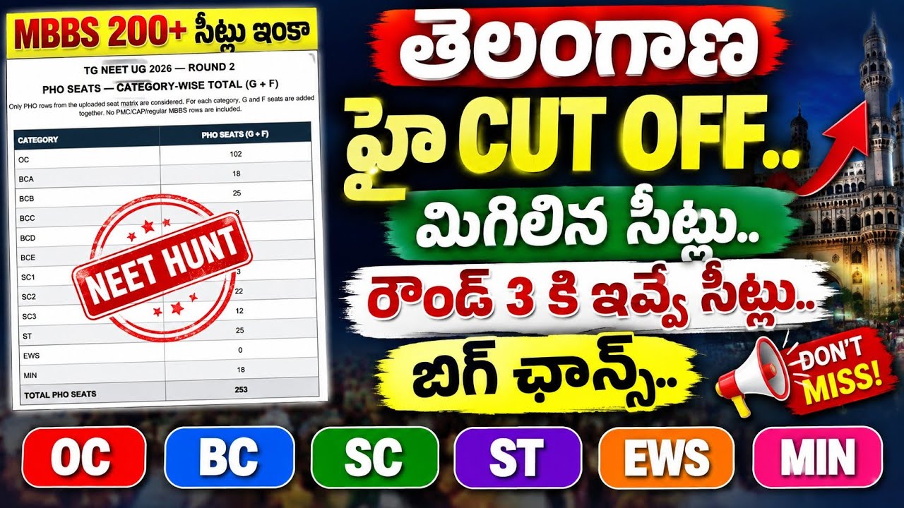 Neet ug 2026 Telangana Round 2 and Round 3 cut off marks and seats latest | Neet Hunt | Neet ug 2026