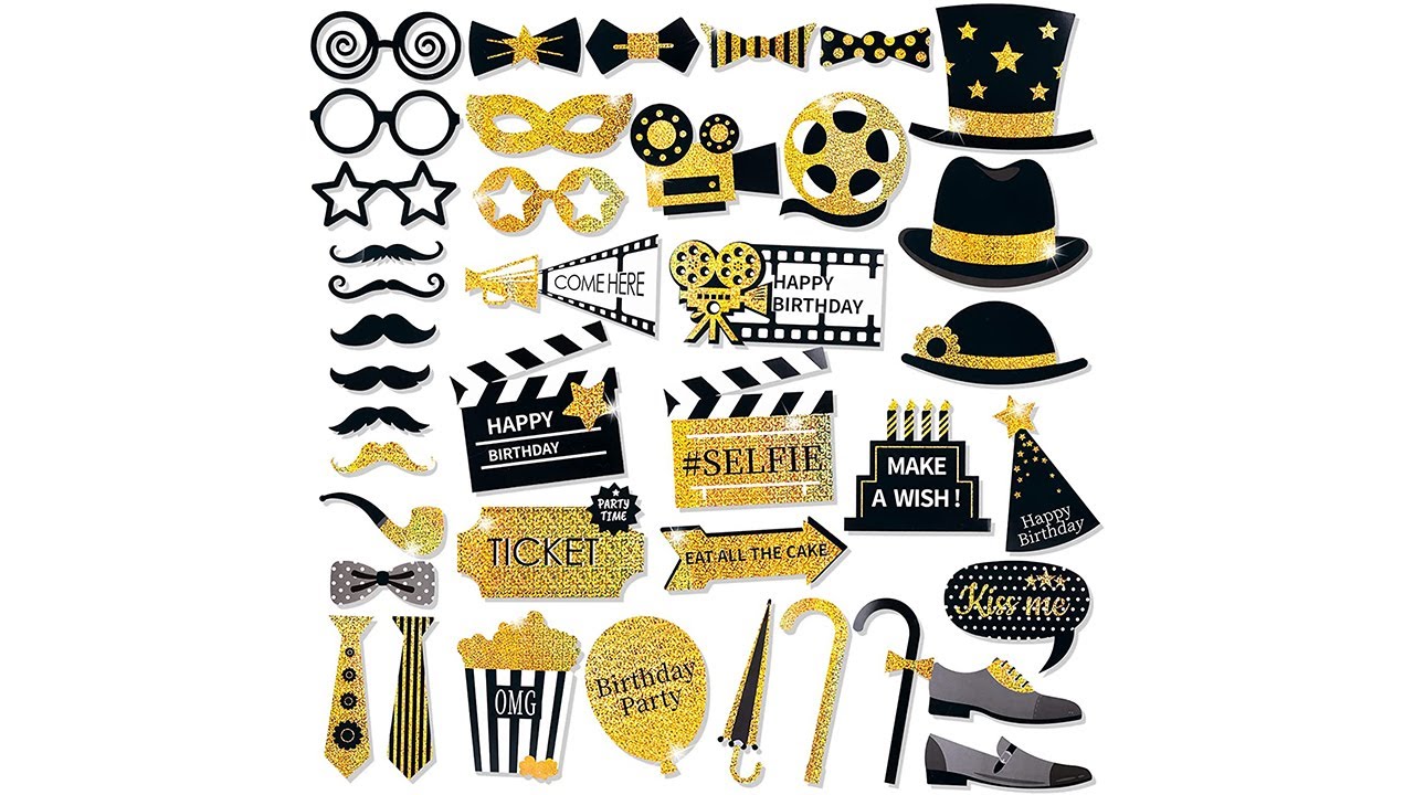 PartyWoo Birthday Photo Booth Props  40 pcs, Black and Gold Party Favors Signs for Selfie Photobooth