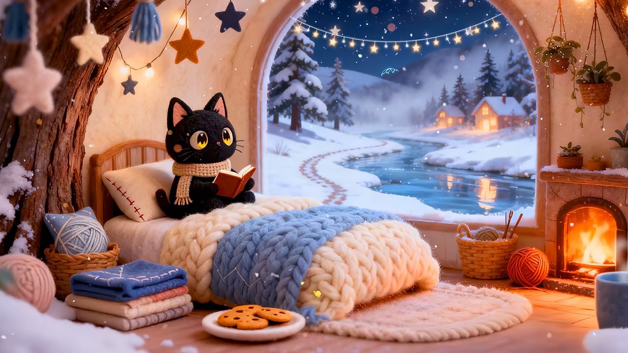 Snowy Night Lofi Study with Cat 🌙✨ Cozy Beats for Focus & Calm 💻 Gentle Lofi for Winter Evening