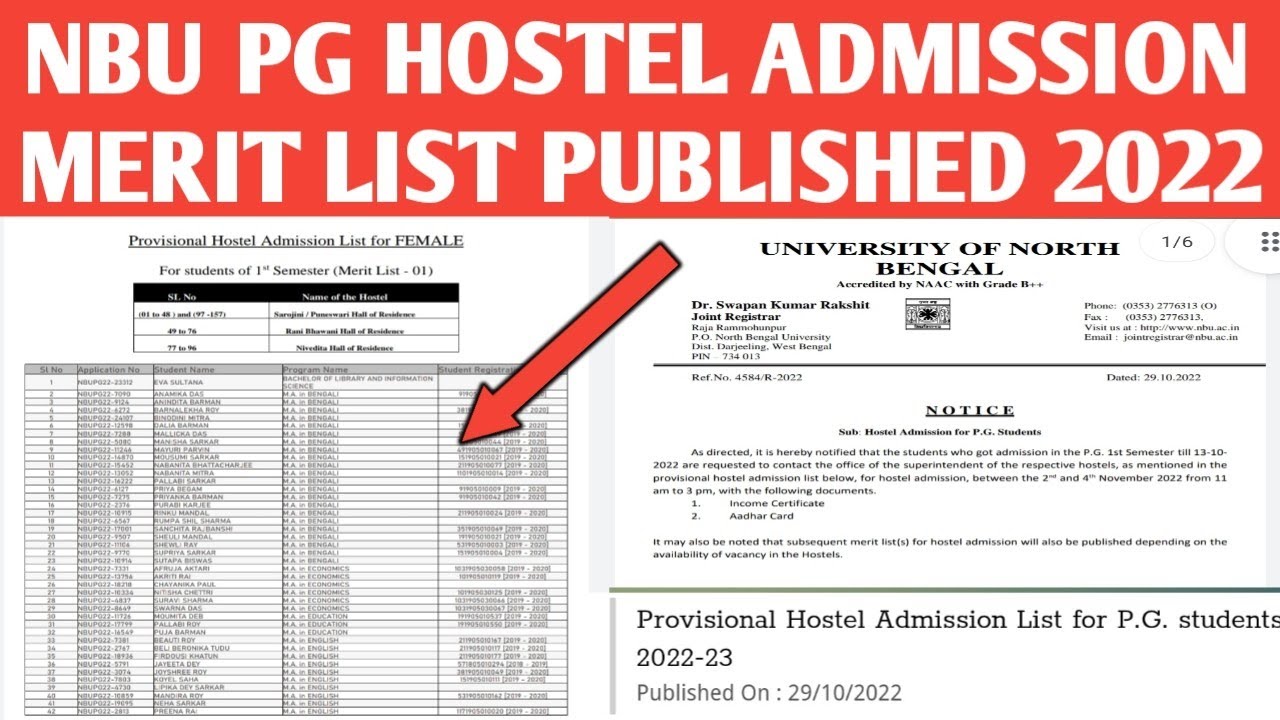 NBU - PG Hostel admission Merit list published 2022 || nbu pg hostel admission list