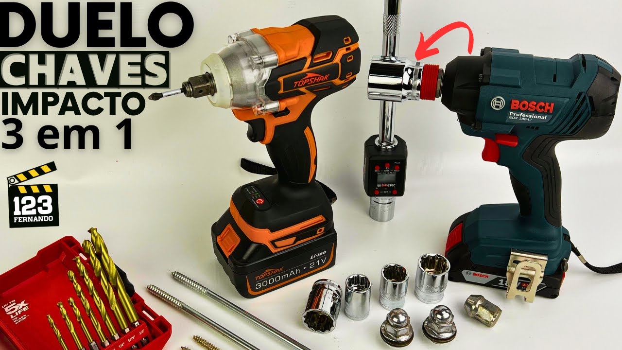 BROCAS, BITS E SOQUETES NAS PARAFUSADEIRAS E CHAVES DE IMPACTO TOPSHAK TS PW1 e BOSCH GDX 180 Li