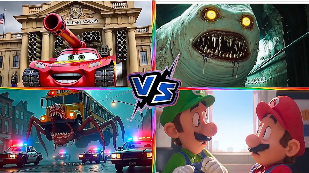 McQueen TANK VS Head Eater  VS Super MARIO VS School Bus Monster Tiles Hop EDM Rush 14