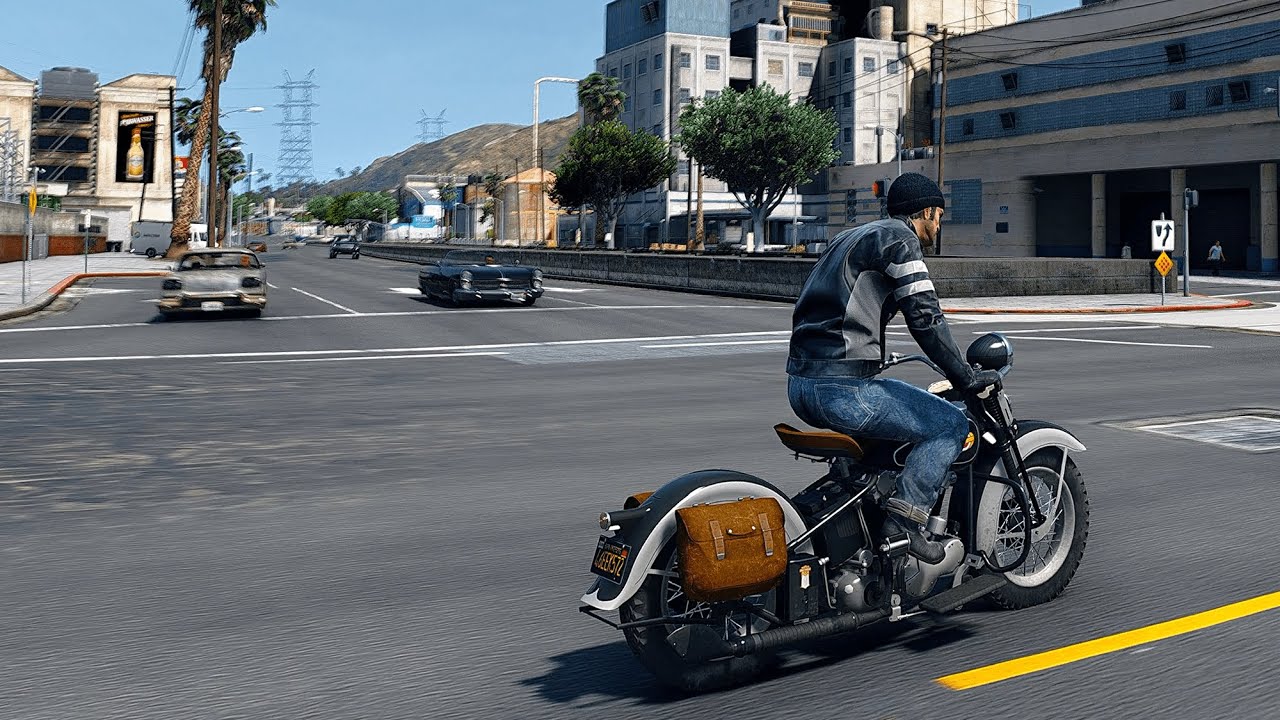 Riding a Harley-Davidson in GTA5 CineREALISM 3 (2023 graphic mod)