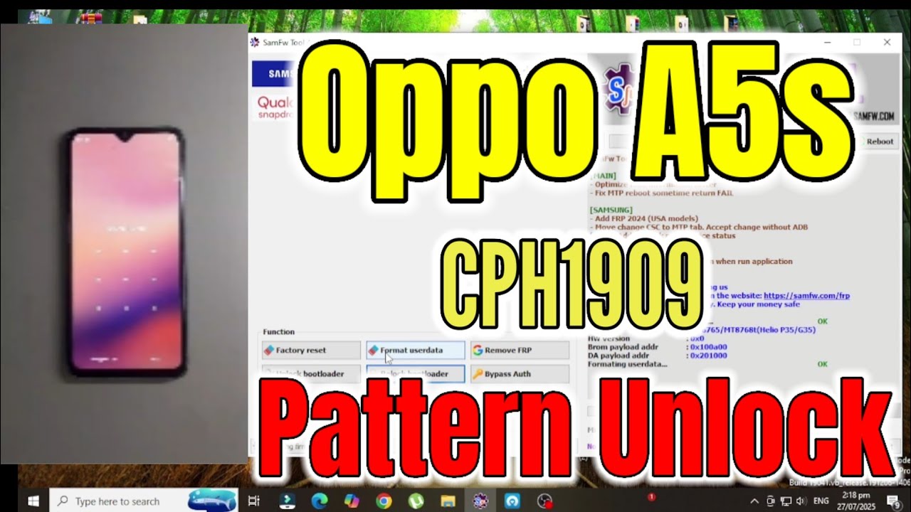 Oppo A5s (CPH1909) Pattern Unlock | Free Tool | SamFw Tool 4.9