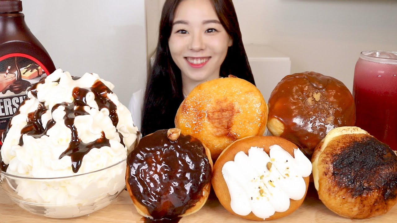 SUB) ASMR Сливочный пончик Мукбанг 🍩 Шоколадный десерт Пончик Хлеб Взбитые сливки Карамель Hershey's