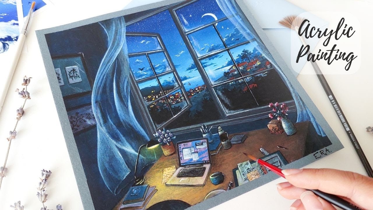 Acrylic Painting: Window View + Night Sky! Full drawing Process