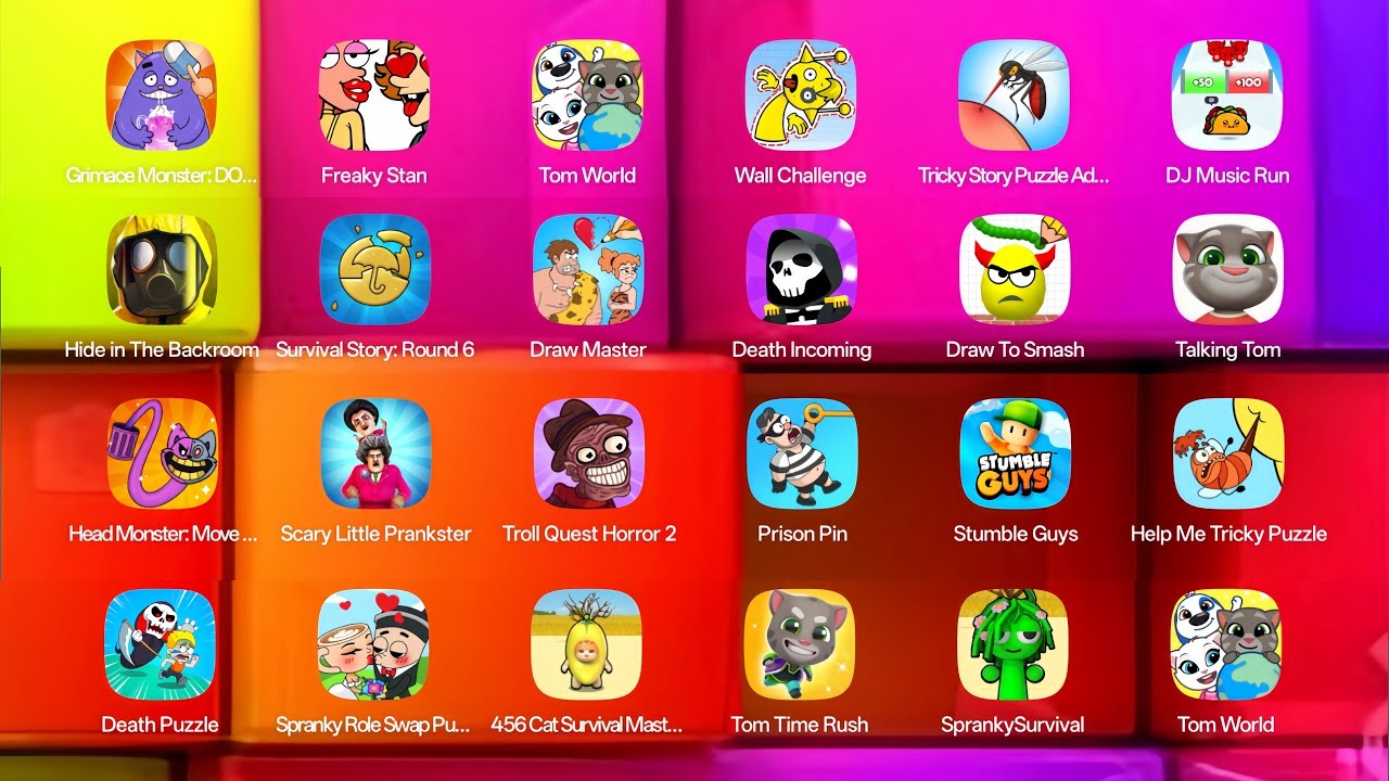 Death puzzle,Draw Master,Scary Prankster,Freaky Stan,Draw to smash,Help me,Stumble guys,Toilet Monst