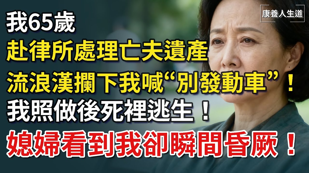我65歲，赴律所處理亡夫遺產，流浪漢攔下我喊「別發動車」！我照做後竟死裡逃生！儿媳看到我瞬間昏厥！​【康養人生道】 #康養人生道 #上了年紀該明白的事 #養老 #聰明老人 #長壽秘密 #延壽 #長壽