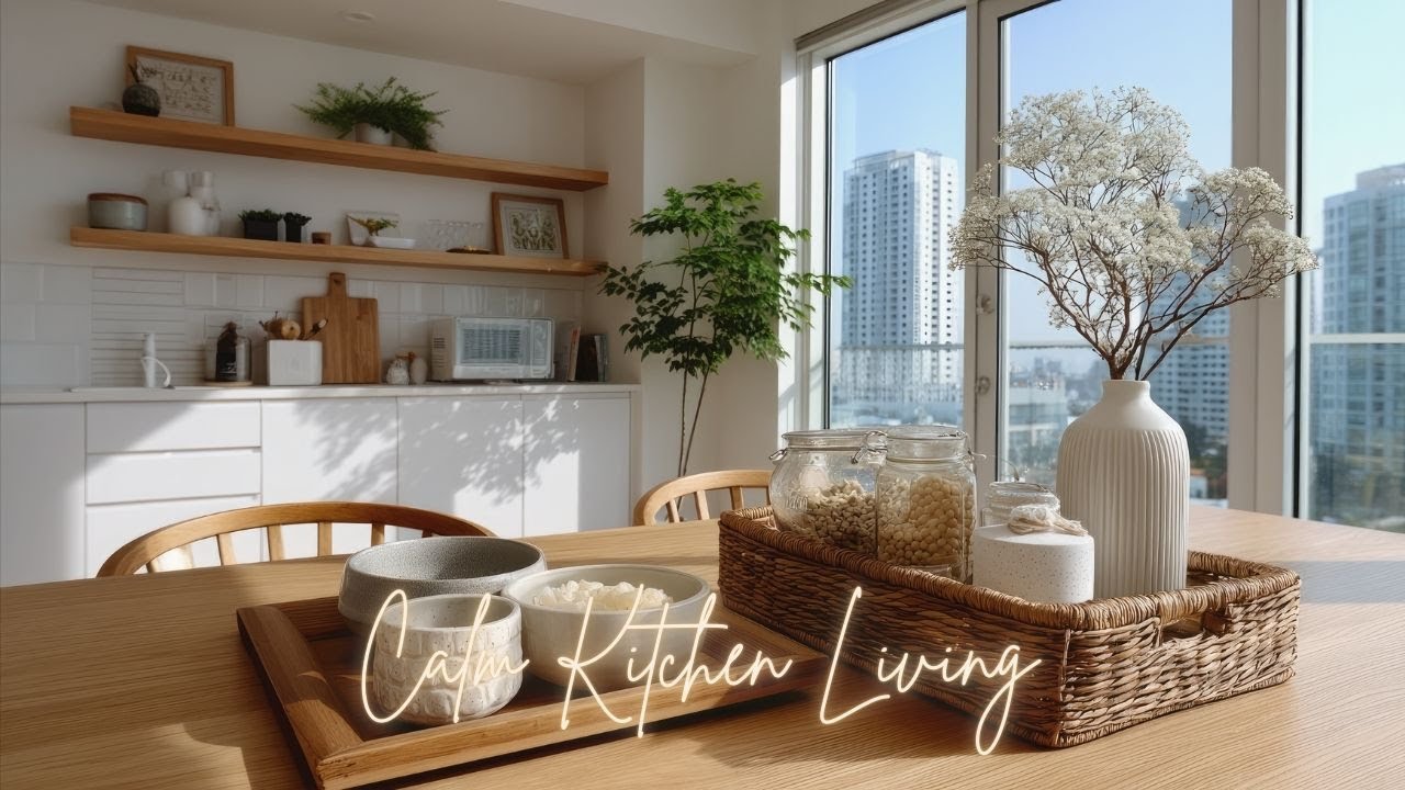 Calm Kitchen Living — Warm Wood & Gentle Light