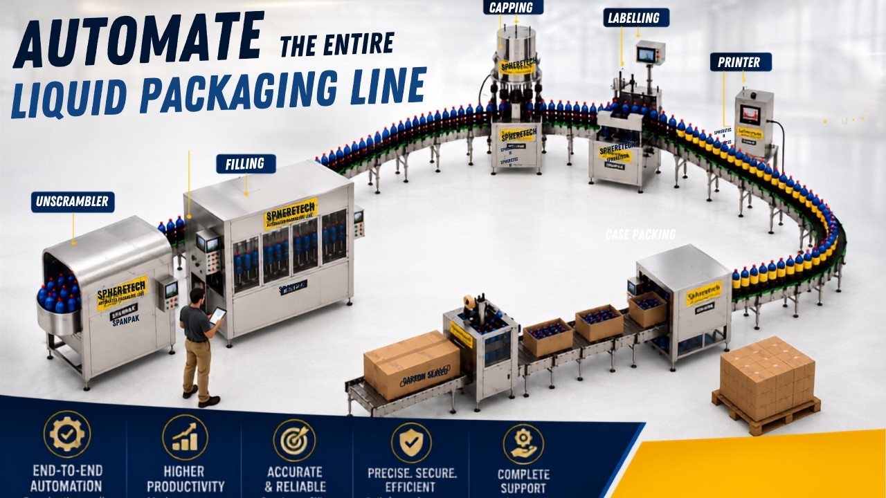 Complete Line Integration | Automate the entire liquid packaging Line | Spheretech Packaging
