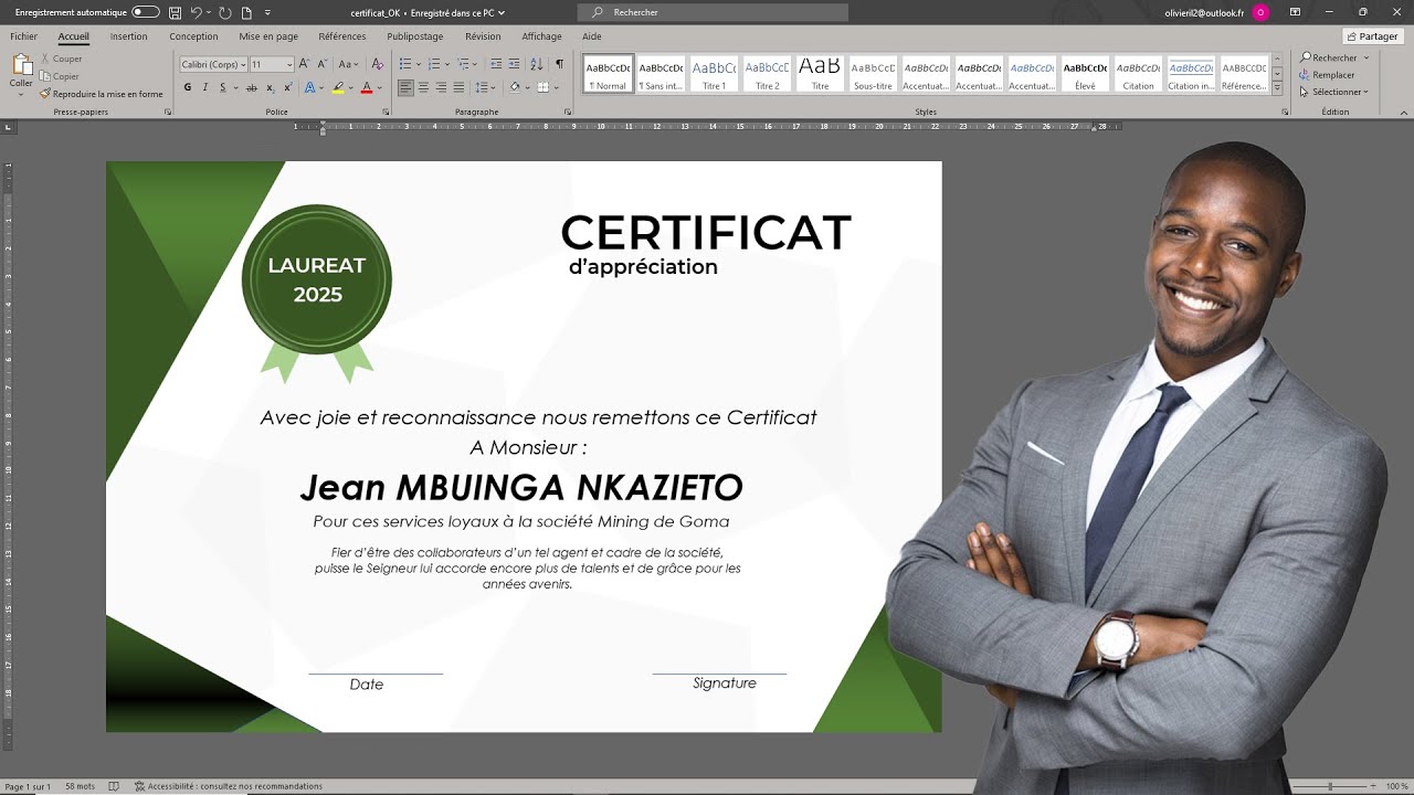 comment réaliser un certificat professionnel Ms Word 2025