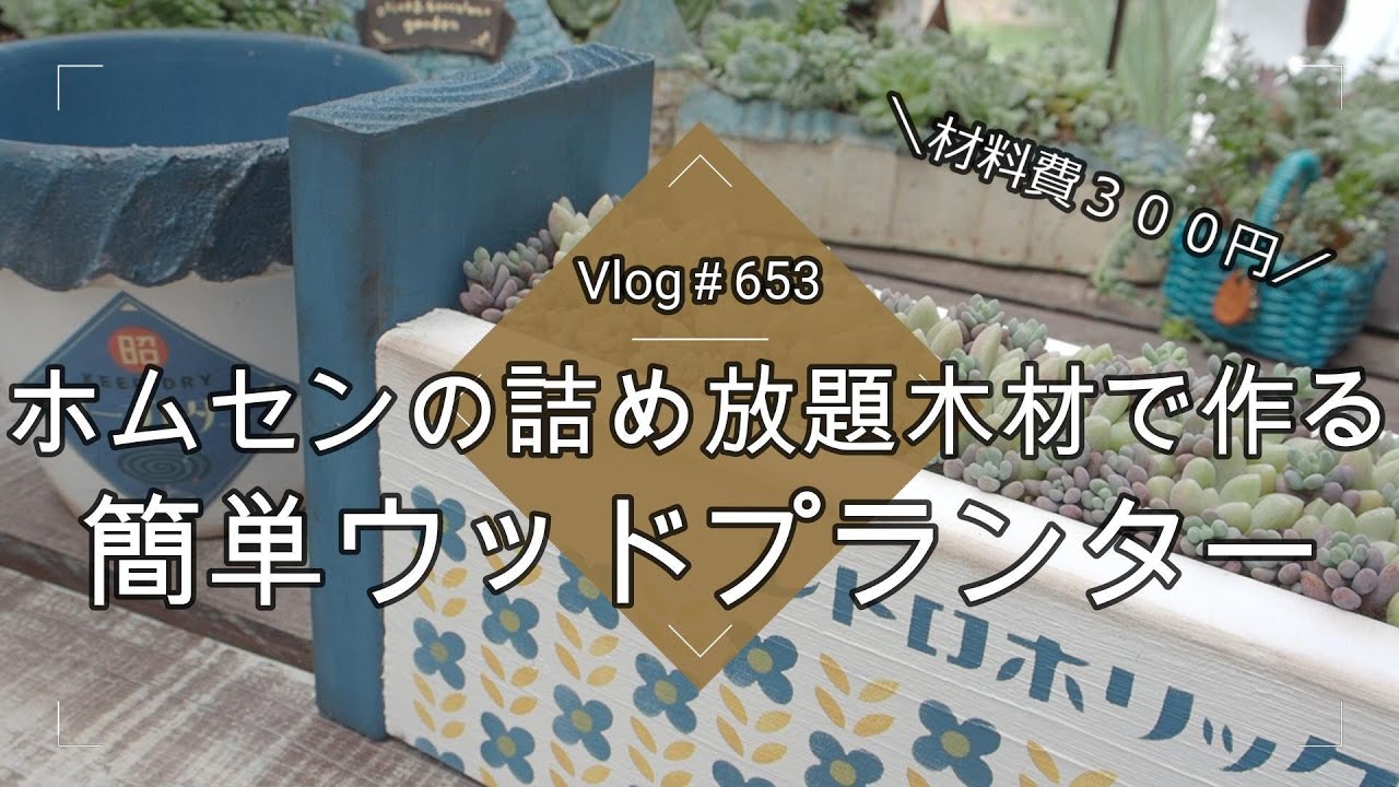 【Vlog653】【多肉植物】ホムセンの詰め放題木材で作る簡単ウッドプランター【レトロステンシル】