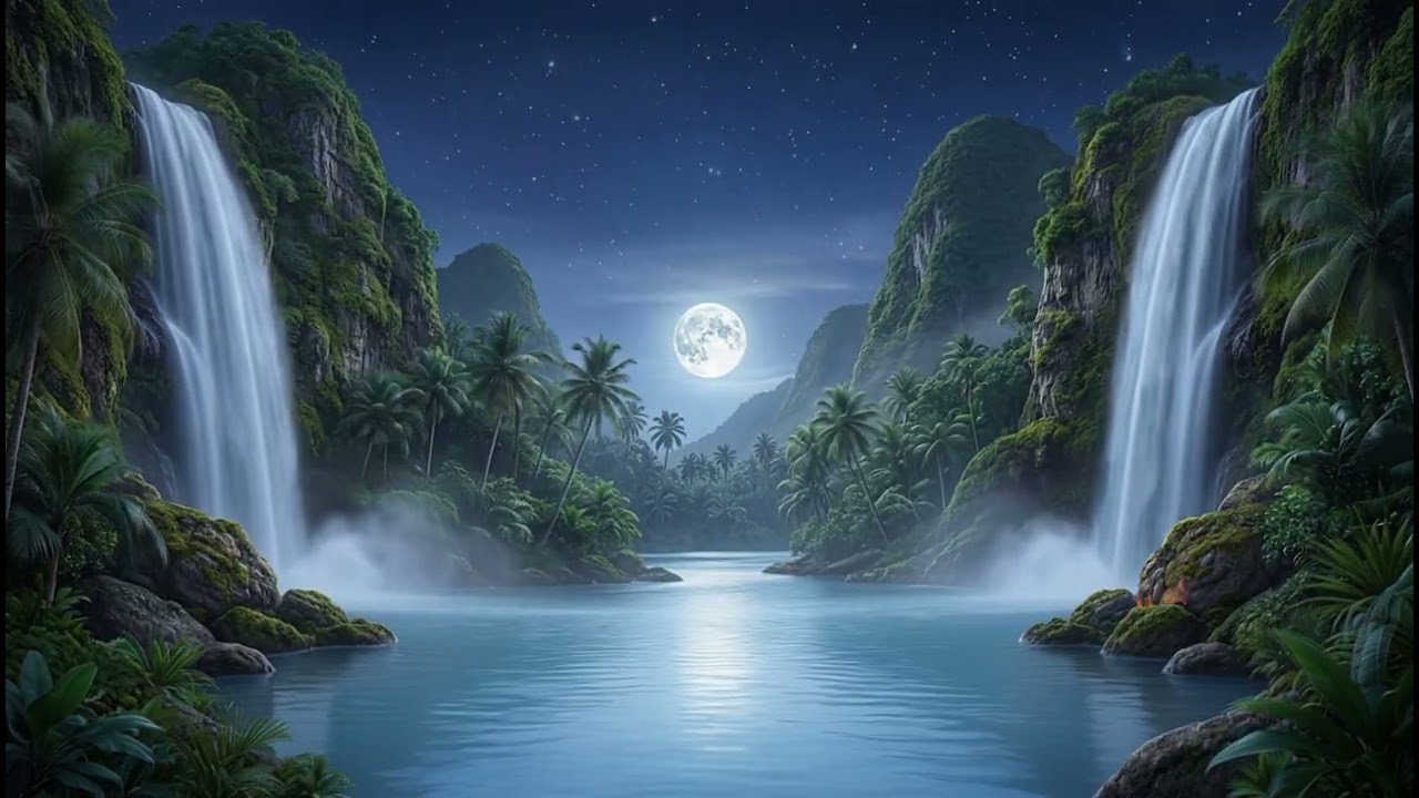 Moonlit Tropical Waterfalls 🌙 Deep Chill Lo-Fi Beats to Relax, Drift & Escape