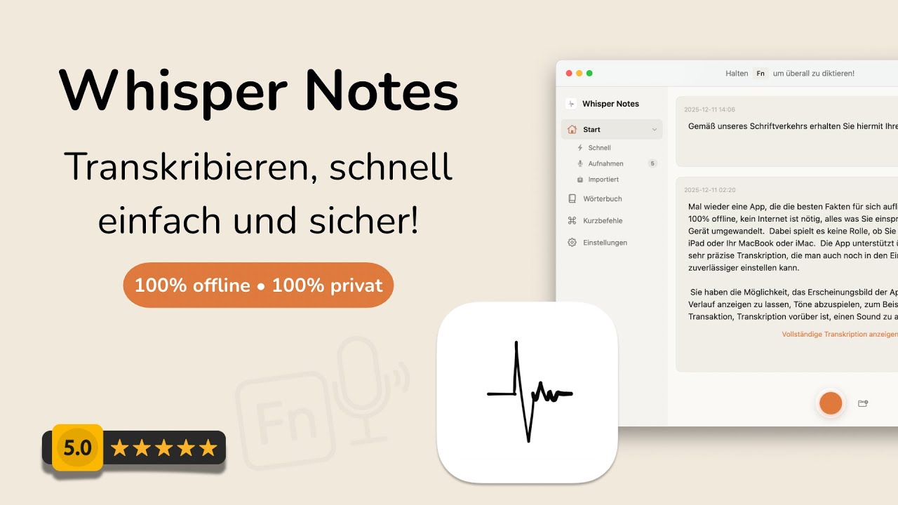 🎧 Whisper Notes: Schnell diktieren, lokal transkribieren, privat bleiben