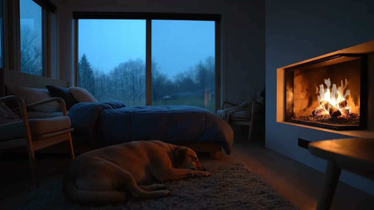 Cozy Rainy Night Bedroom 🌧️ | Fireplace & Sleeping Dog Ambience (1 Hour)