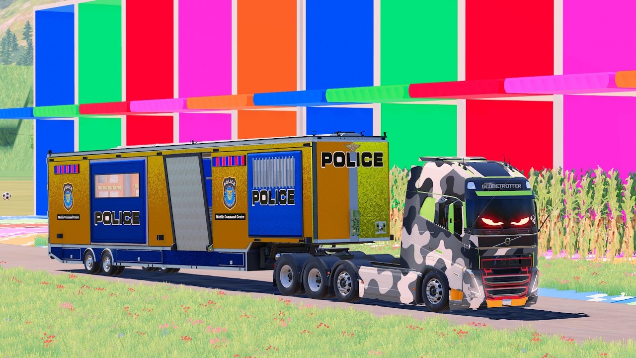 Double Flatbed Trailer Truck vs Speed Bumps | Bus, Porsche & LaFerrari Test – Farming Simulator 22