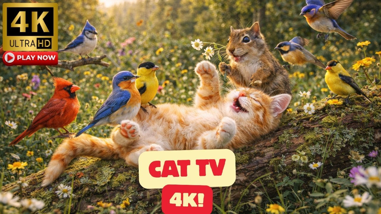 Cat TV for Cats 😺 Relax & Play — A Playful Cat, Birds & Squirrel for Over 2 Hours | 4K UHD