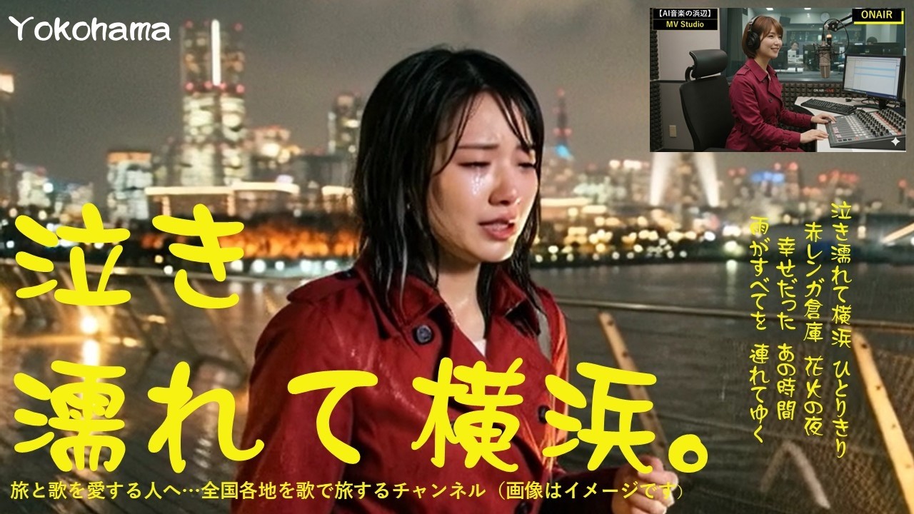 失恋歌ドラ「泣き濡れて横浜」雨の横浜の失恋の唄。冷たい雨、痛い雨の中で泣き濡れる。悲し過ぎる画像ですみません。【AI、演歌、昭和歌謡、旅、ご当地ソング、鉄道の旅、歌ドラ、旅と歌の朗読】