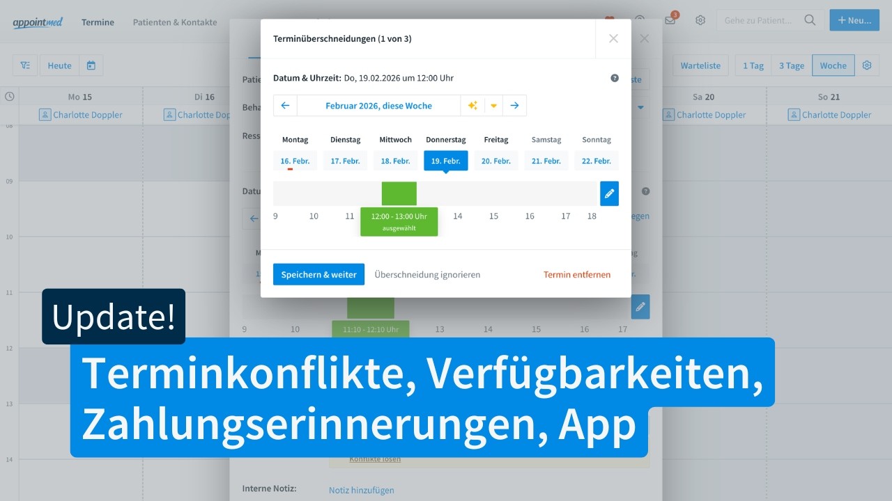 Terminkonflikte lösen, Verfügbarkeiten, Zahlungserinnerungen, appointmed Mobile