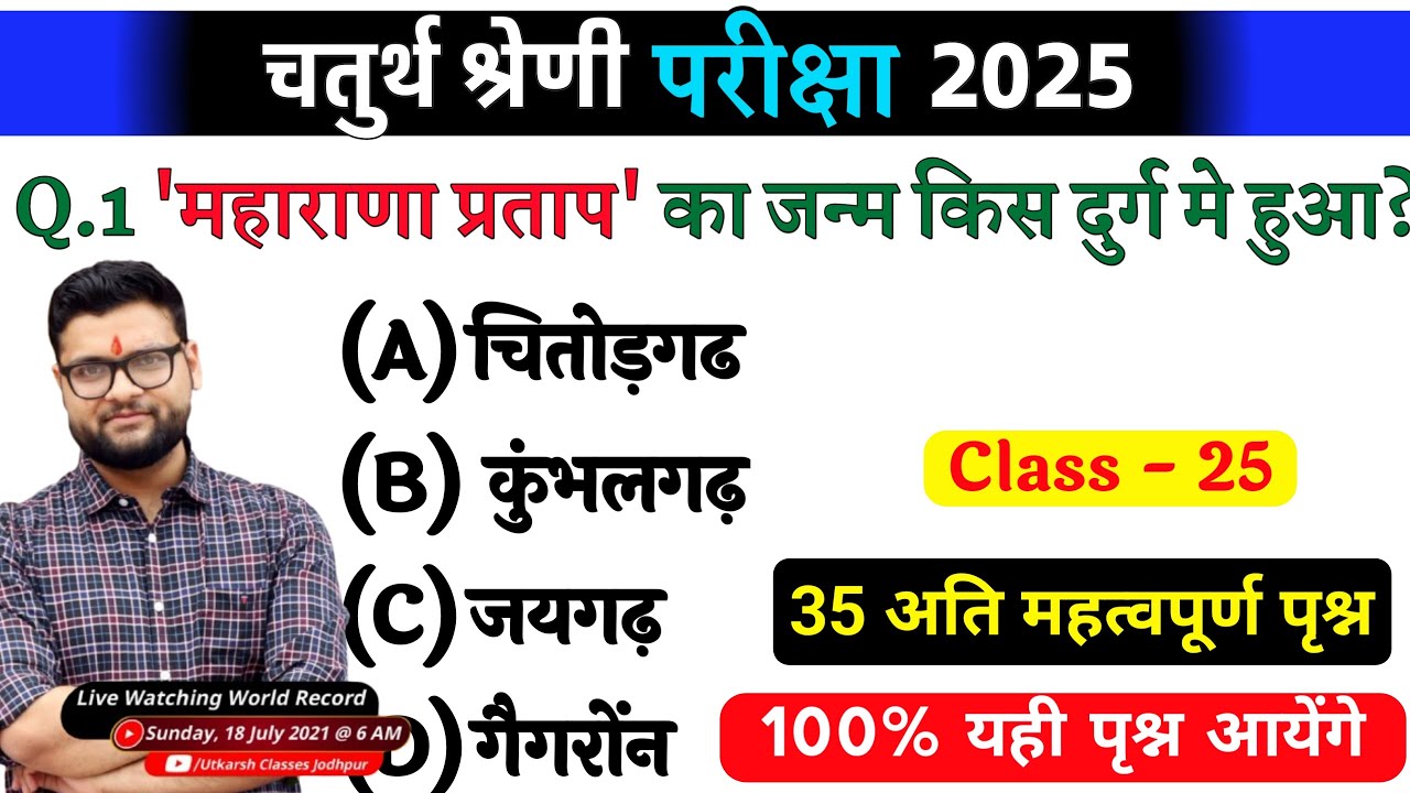 25# राजस्थान चतुर्थ श्रेणी परीक्षा 2025/चतुर्थ श्रेणी Model Paper Class 2025/Rajasthan Gk 2025 test