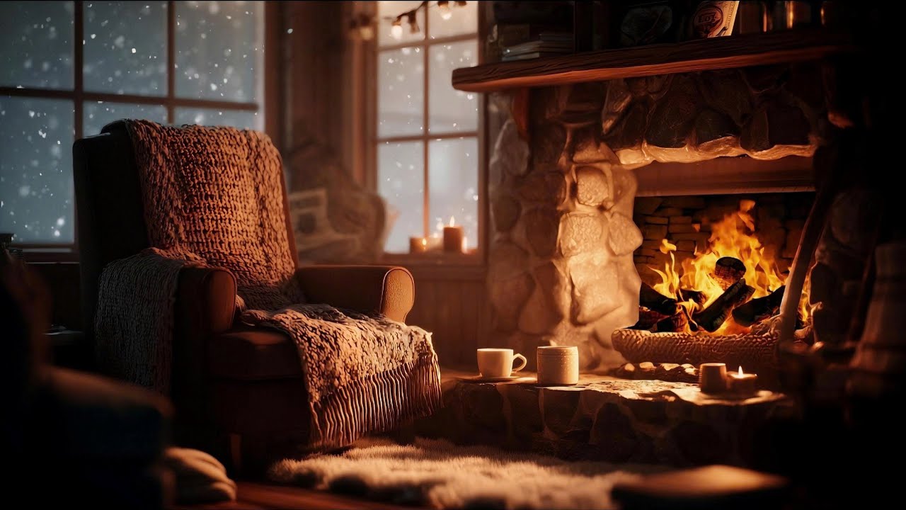 Cozy Winter Cabin Fireplace • Soft Snow Night | Deep Relaxation & Sleep