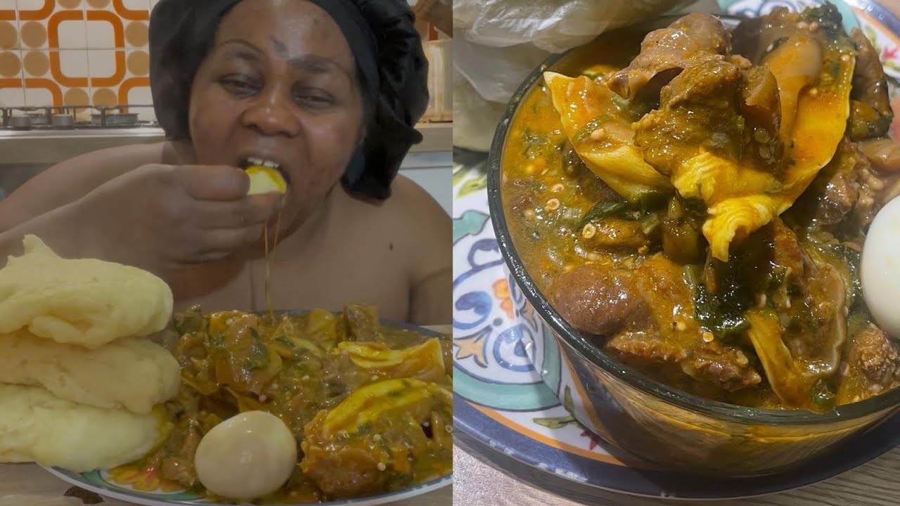 Eating yummy ogbono soup with fufu 