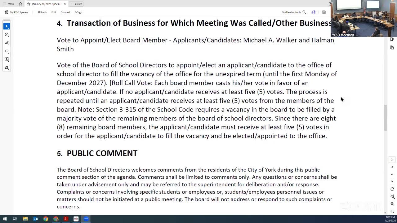 January 2026 Voting Meeting of the York City School District Board of Directors