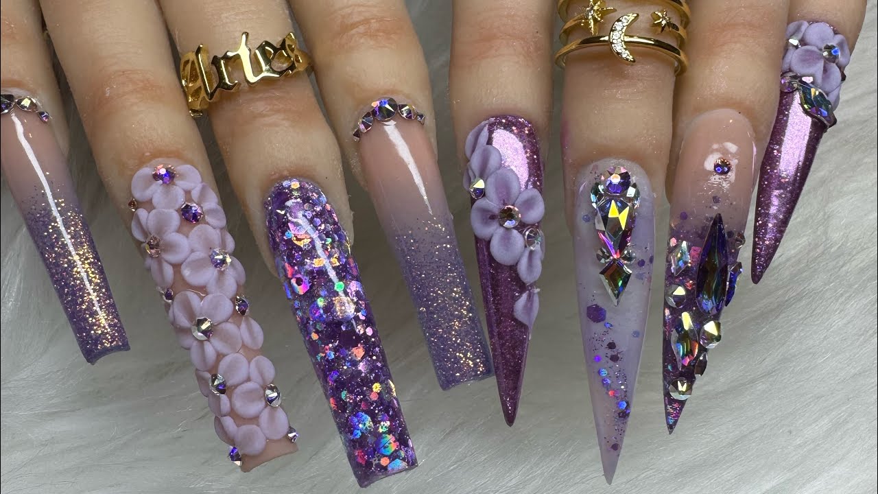 WATCH ME WORK: PURPLE FREESTYLE | 3D FLOWERS NAIL& CHROME | FULL TUTORIAL