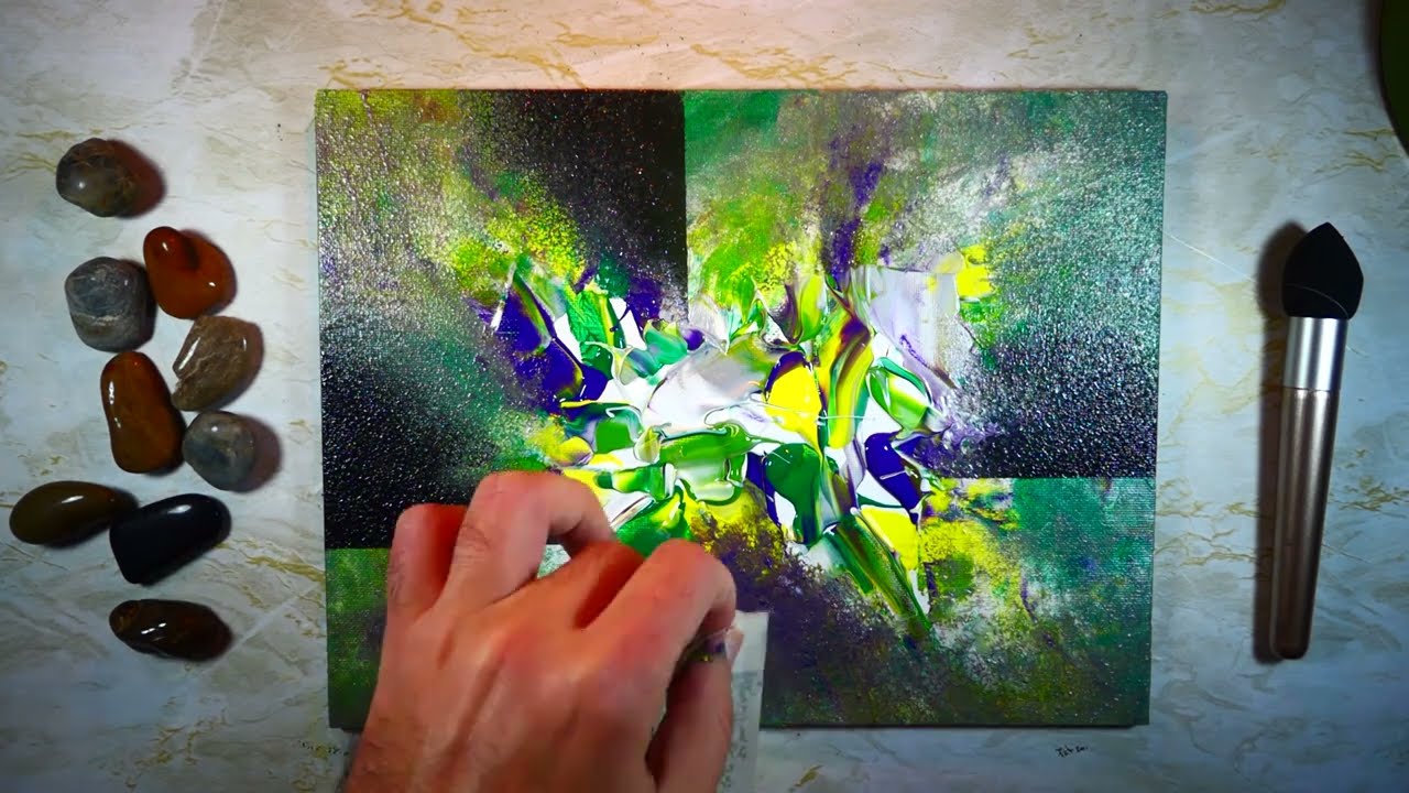 Modern Green Abstract Painting In Acrylics | Painting Techniques | Rainy ASMR Painting