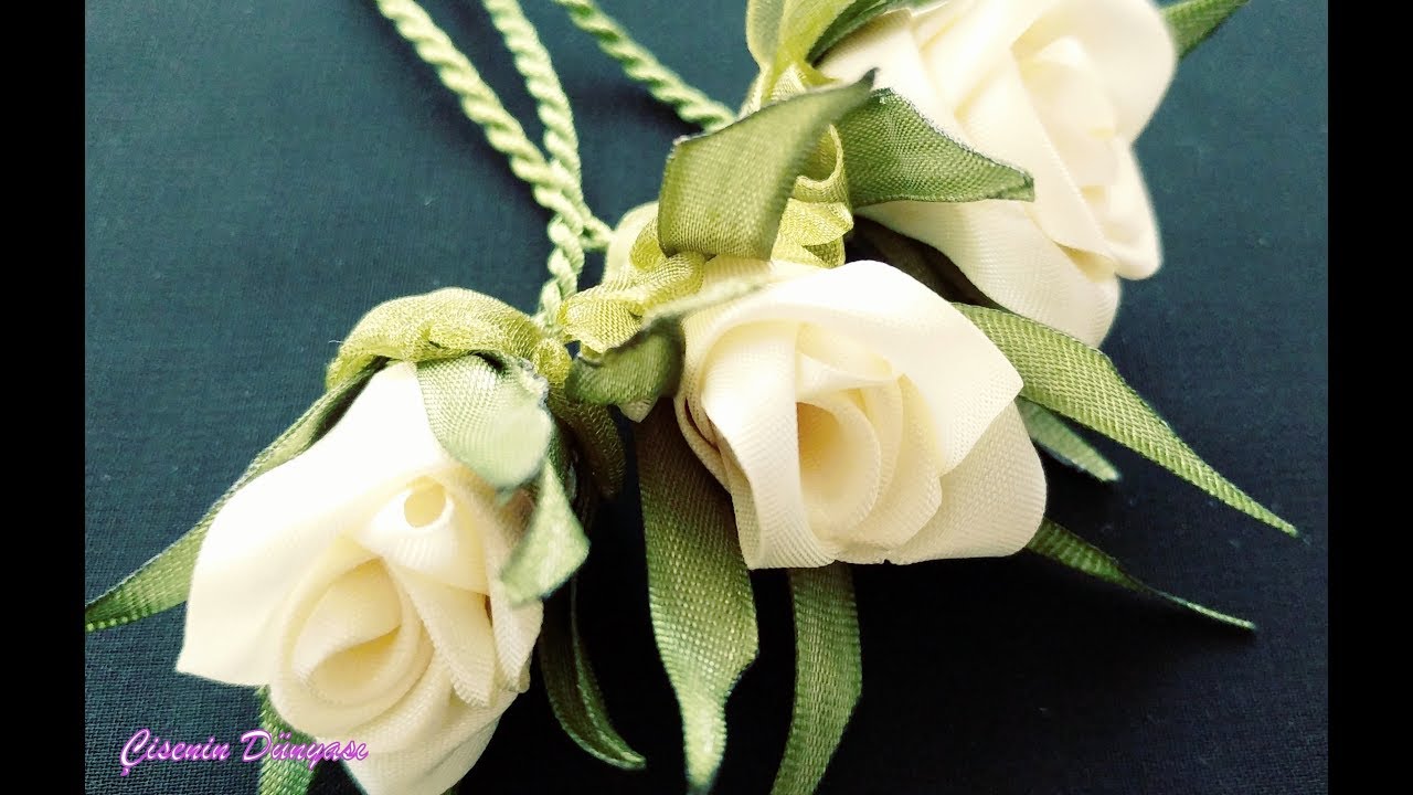 Kurdeleden Beyaz tomurcuk gül örneği. Sesli anlatımlı kurdele oyası