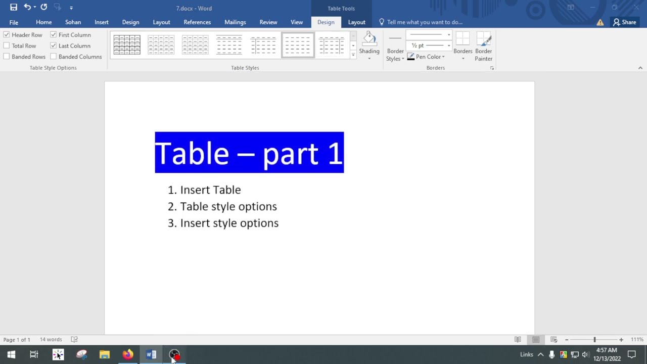 #8 Insert Table and table style options. Microsoft_Office Word. Md Sohan Ali, work24 Sohan