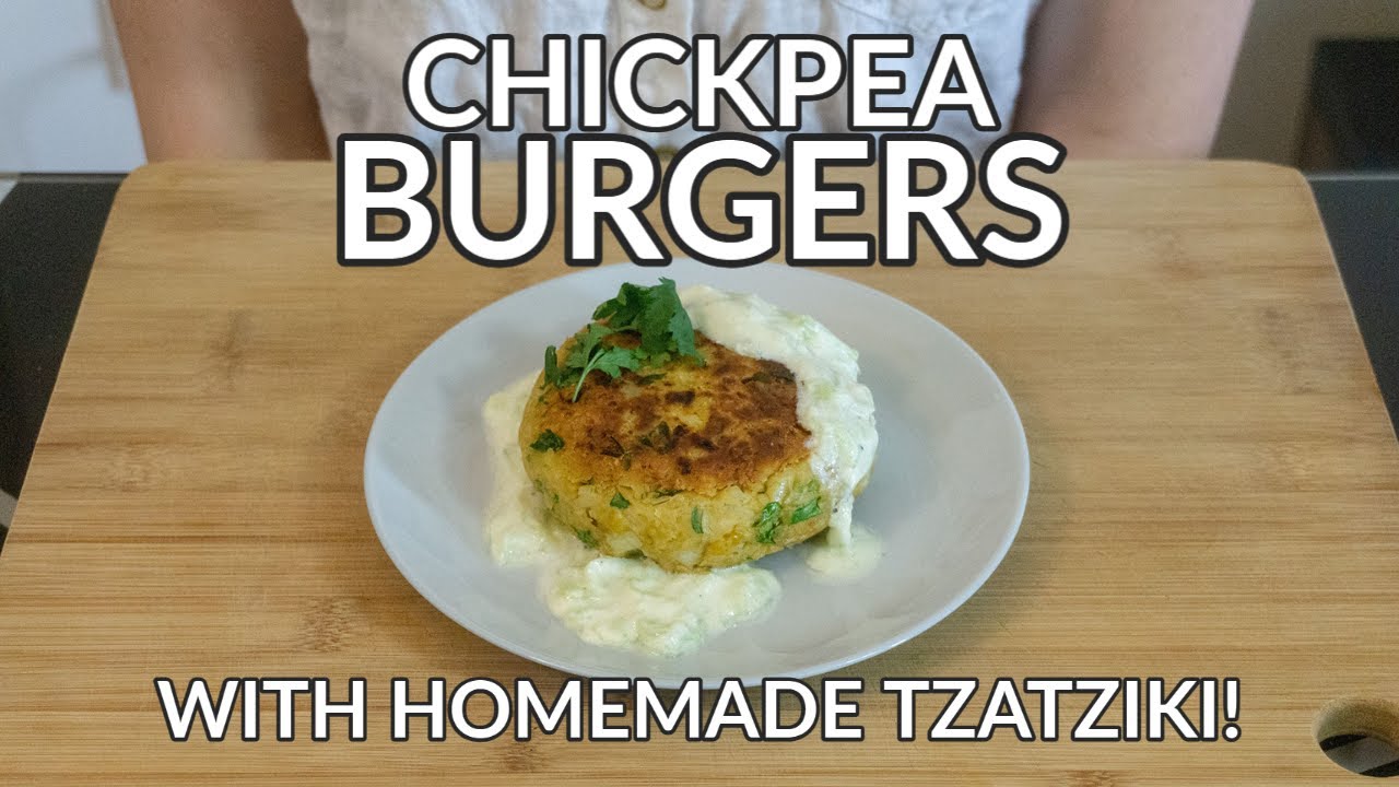 Mediterranean Chickpea Burgers Without a Food Processor + Homemade Tzatziki