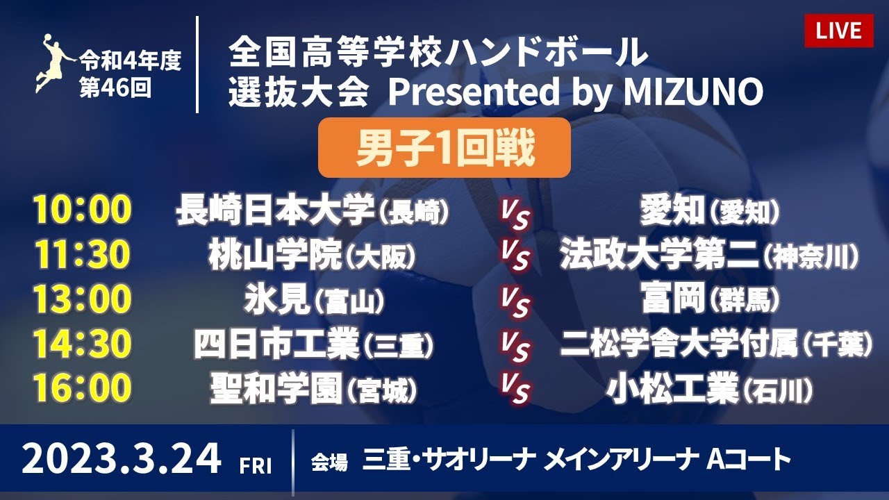 【男子1回戦Aコート】第46回ハンドボール高校選抜 | 2023年3月24日 | サオリーナ | Presented by MIZUNO