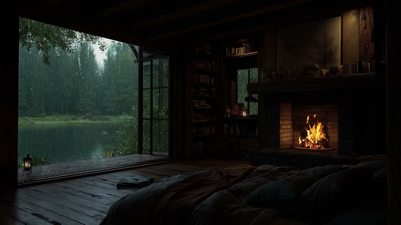 Relaxing Rain Sounds for Sleep | Cozy Lakeside Cabin & Fireplace Ambience