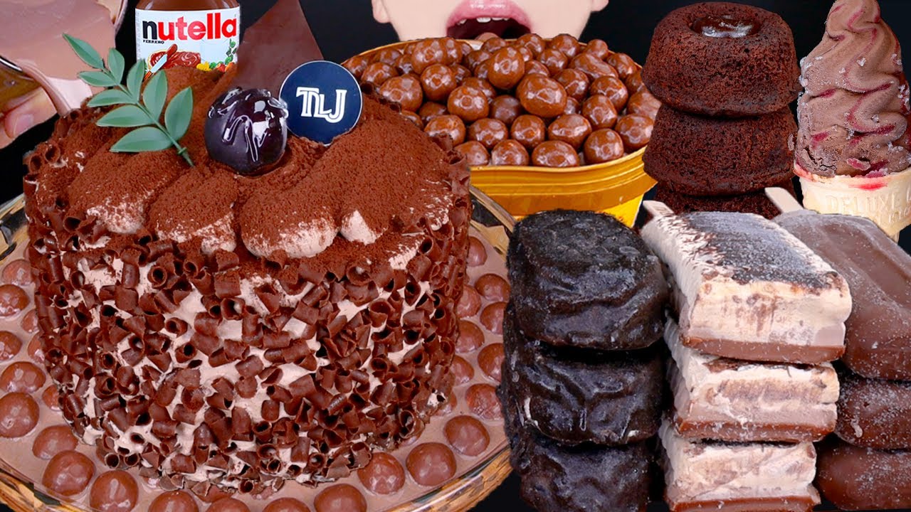 ASMR BLACK FOREST CAKE MALTESERS CHOCOLATE ICE CREAM NUTELLA DESSERT MUKBANG 먹방ケーキ 咀嚼音 EATING SOUNDS
